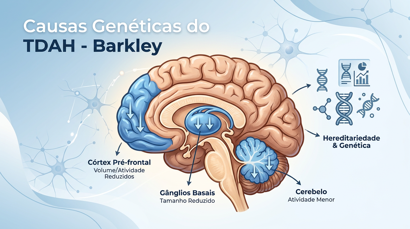 Ilustração do cérebro humano destacando córtex pré-frontal, gânglios basais e cerebelo, com indicação de atividade reduzida e relação genética associada ao TDAH.