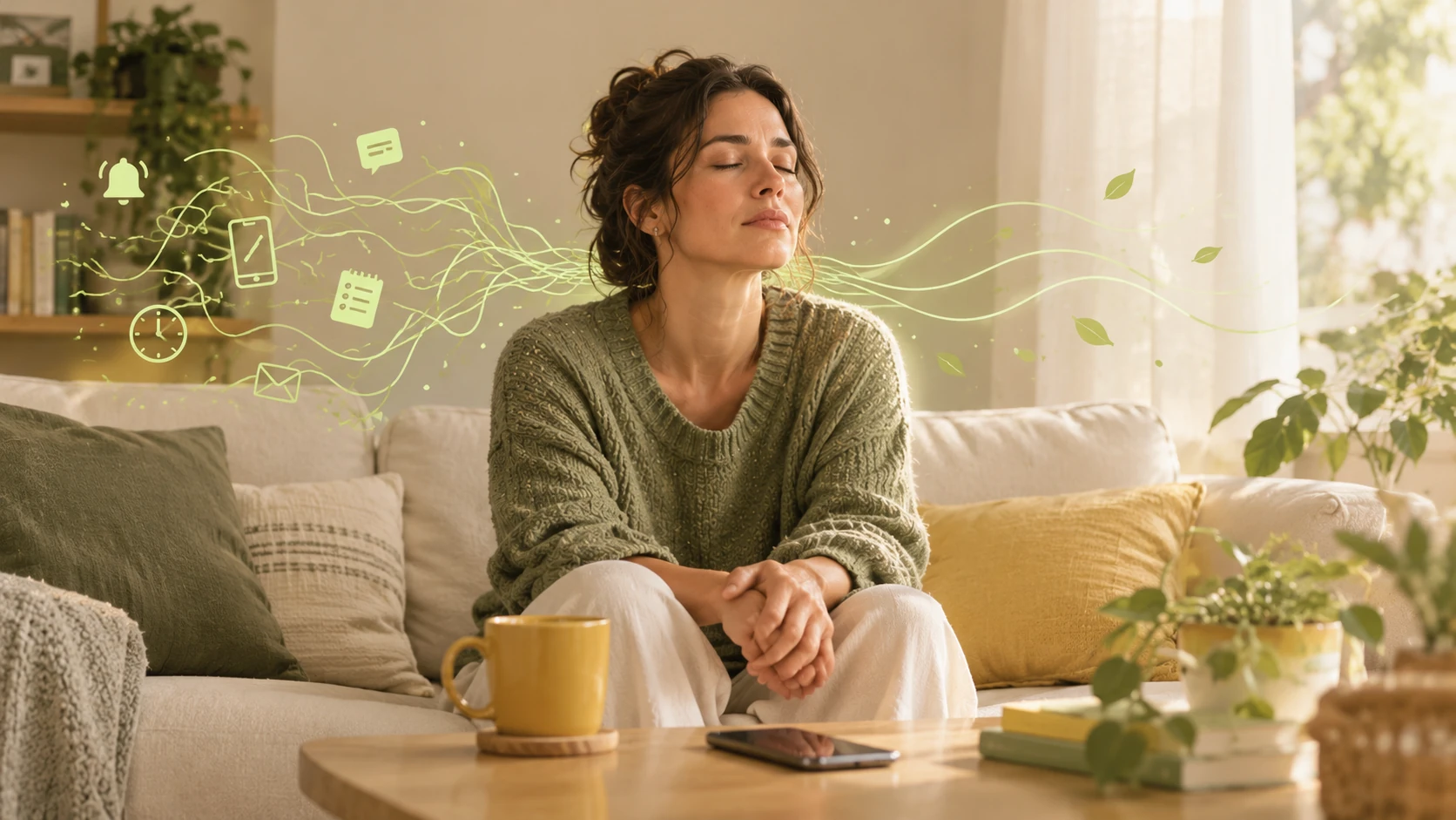 Mulher adulta de olhos fechados em uma sala aconchegante, com o celular sobre a mesa e linhas verdes que simbolizam a transição do excesso de estímulos para a calma, representando mindfulness e TDAH.